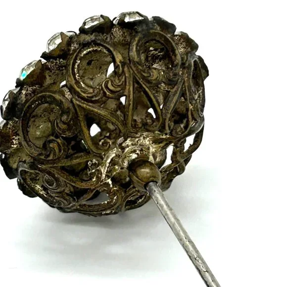 Antique Victorian Hat Pin Clear Paste Rhinestone Domed Top Filigree Back 10" - Picture 7 of 16